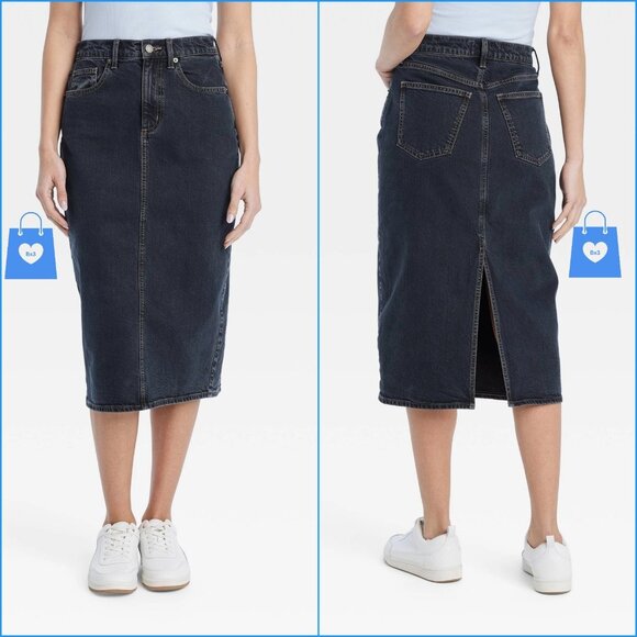 Size 14 - Womens High-Rise Denim Midi Skirt - Universal Thread - Black Wash - Picture 1 of 6